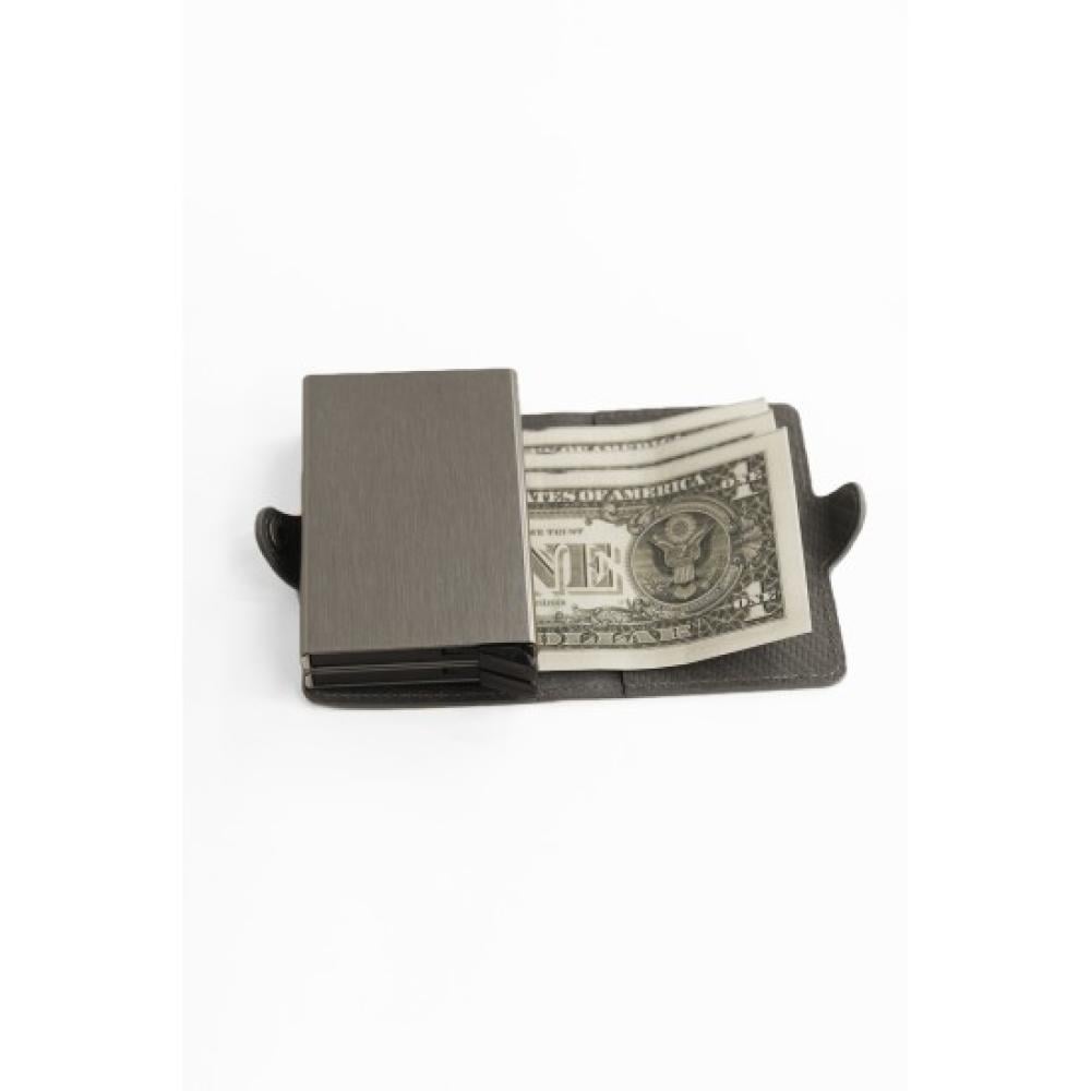 محفظة ذكية بآلية سحب بطاقات – جلد رمادي أنيق