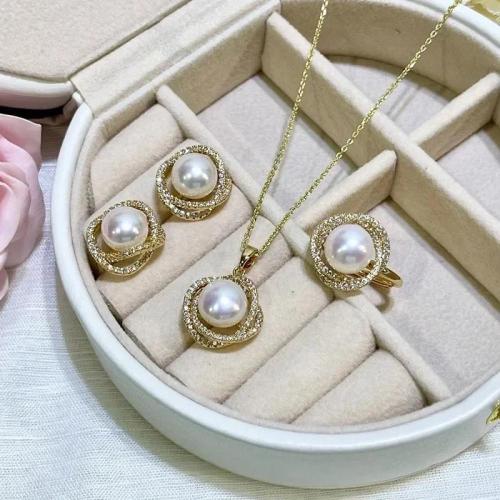 طقم خاتم وأقراط مرصع باللؤلؤ من الزركون للنساء