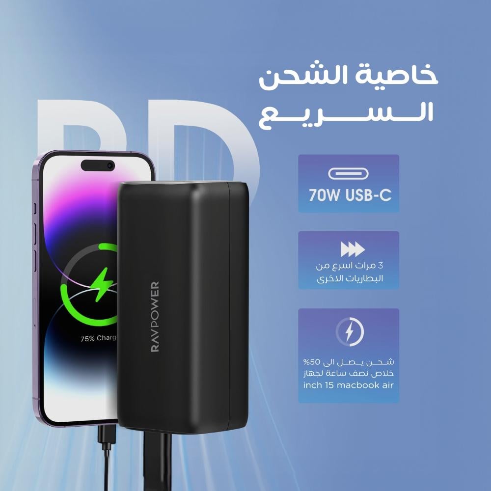 بطارية متنقلة راف باور بقوة 70 واط بسعة 20000 ملي امبير منفذين تايب سي ومنفذين USB-A - اسود