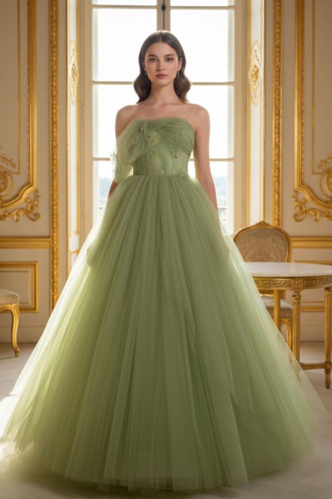 فستان سهرة أخضر ملكي منفوش