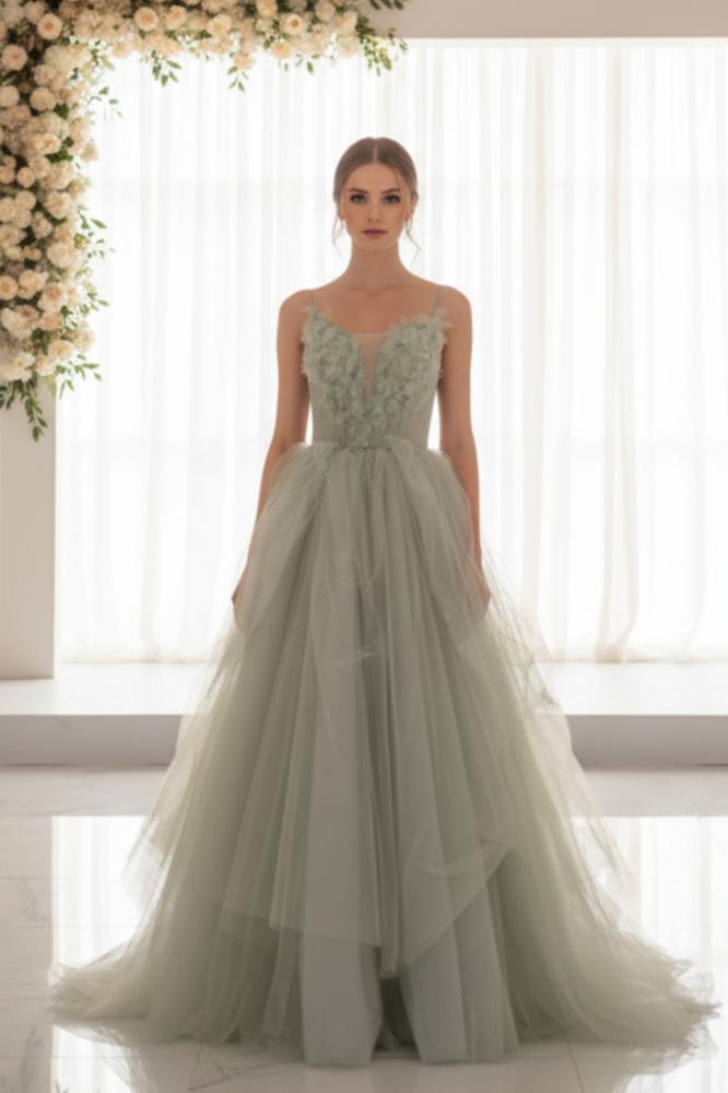 فستان سهرة أخضر ملكي مطرز