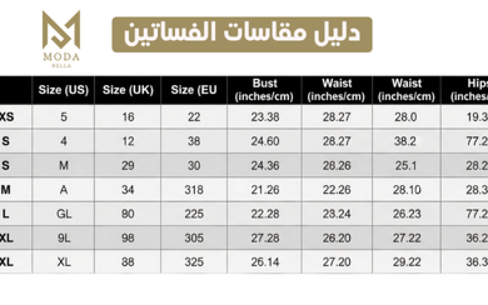 دليل مقاسات الفساتين