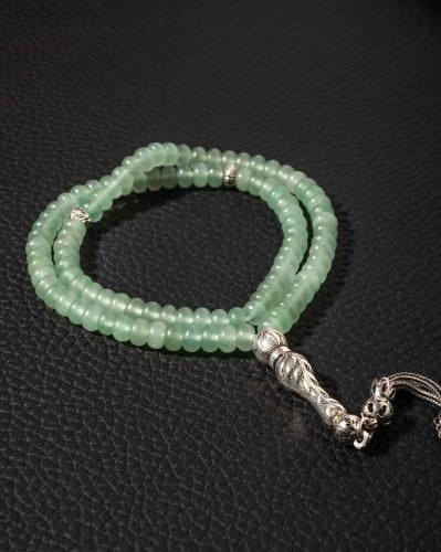 سبحة فضة حجر افينتورين تفاحي 99 خرزة