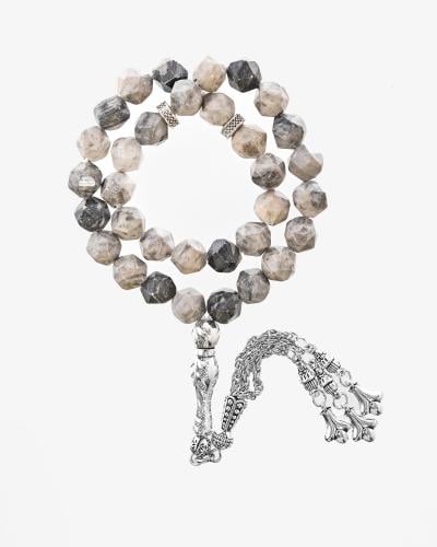 سبحة حجر يشب رمادي بعروق قصة الاماس