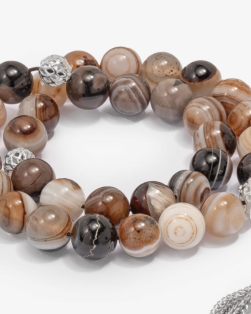 Handmade rosary, 10mm round, brown good striped agate bead