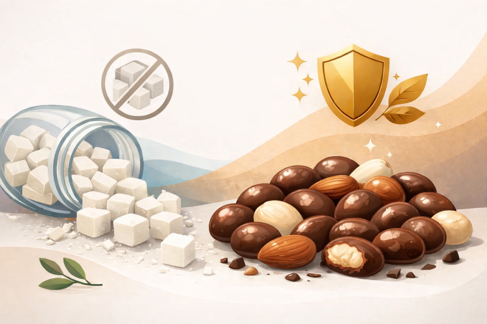 مكسرات فاخرة مغطاة بالشوكولاتة مثل اللوز والبندق مقدمة بشكل أنيق مع در