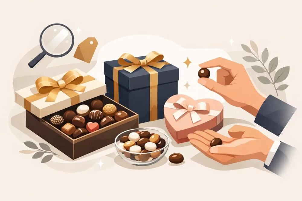 علبة هدية شوكولاتة فاخرة مزينة بشريط ذهبي مع تقديم قطعة شوكولاتة ومكسر