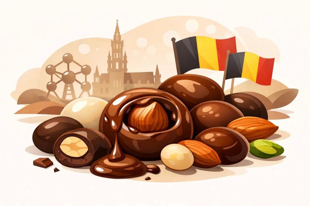 مكسرات مغطاة بالشوكولاتة البلجيكية الفاخرة مع اللوز والبندق والفستق، م
