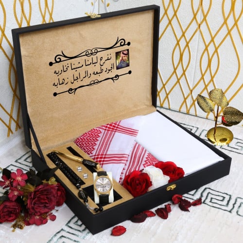 هدية رجالية بوكس متكامل قماش شماغ طقم ساعه وكسسوار...