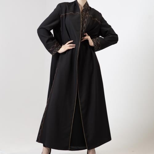 عباية اسود بتطريز برتقالي