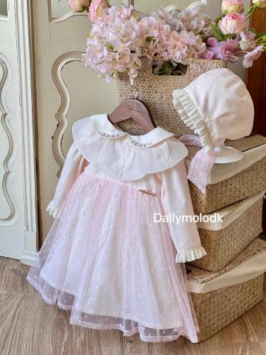 فستان 0-3 الى 1 سنه مع القبعه الفرنسيه