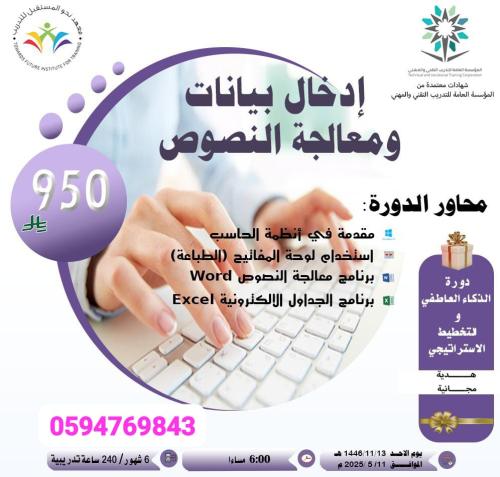 إدخال البيانات و معالجة النصوص ٦ أشهر 6 أشهر