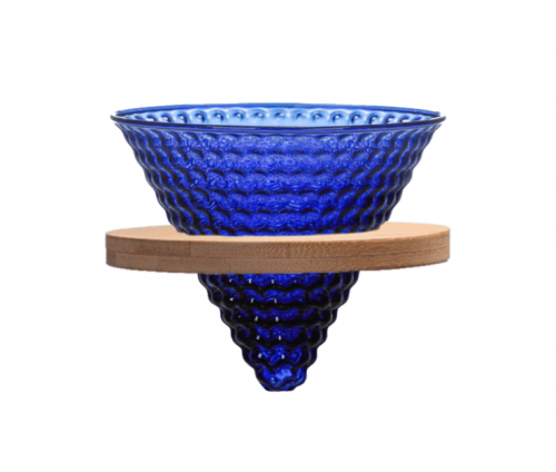 قمع V60 زجاجي أزرق بقاعده خشبيه بعدة مقاسات