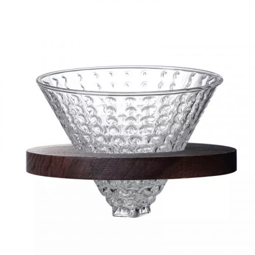 قمع V60 زجاجي منقط 02 بقاعدة خشب غامق شفاف