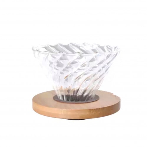 قمع V60 زجاجي 02 بقاعدة خشب فاتح شفاف