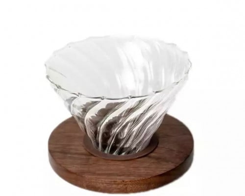 قمع V60 زجاجي 02 بقاعدة خشب غامق شفاف