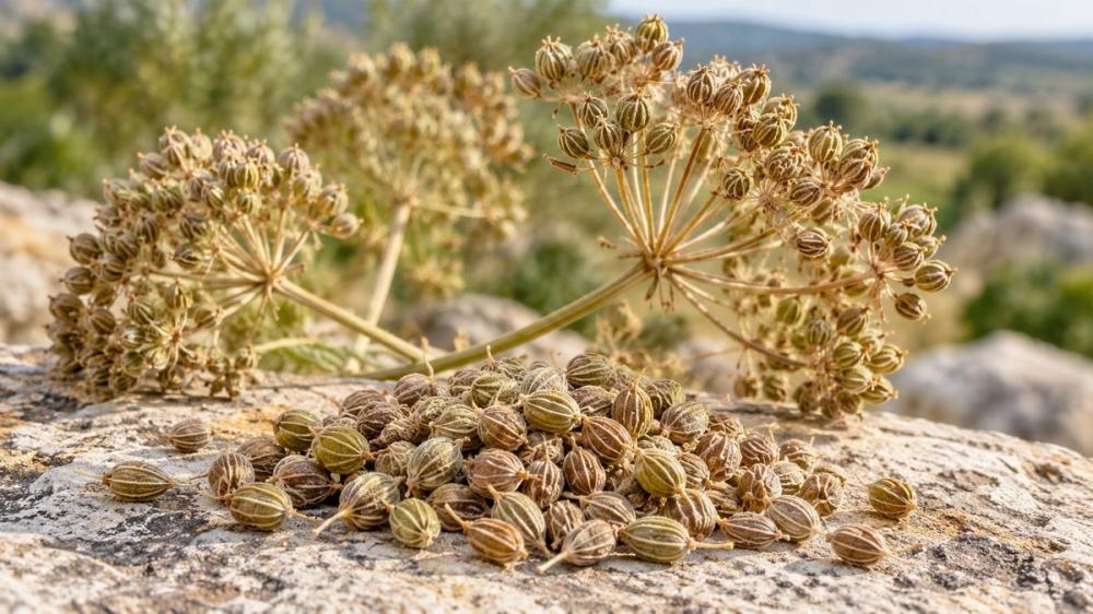 حبوب اليانسون المجففة أمام رؤوس النبات الناضجة على صخرة في ضوء طبيعي