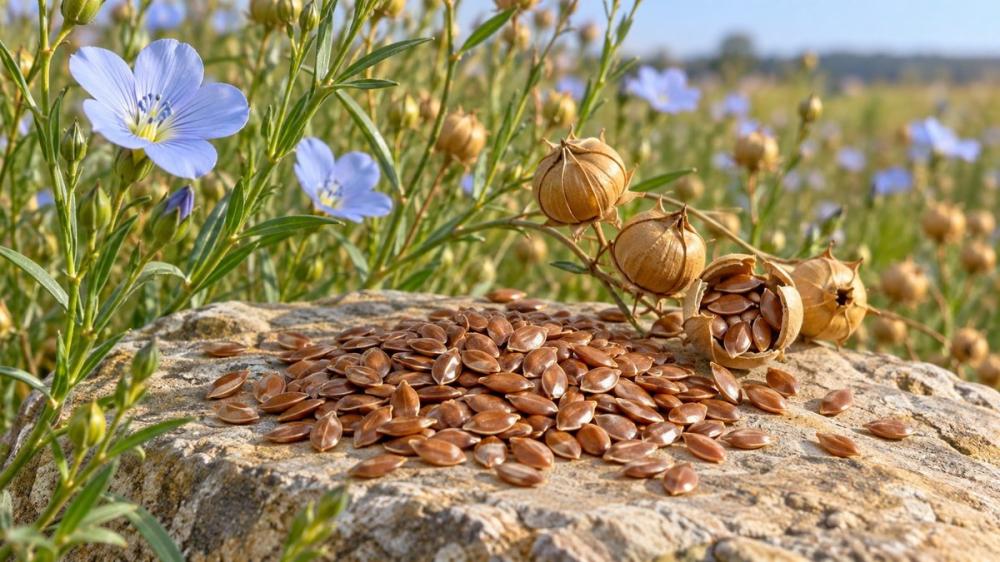بذور الكتان البنية على صخرة طبيعية بجوار كبسولات البذور وأزهار الكتان