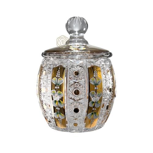 فازة كريستال بوهيمي ذهبية مع غطاء ( تصميم برميل ) | حجم وسط