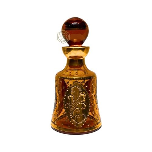 عبوة قديمة لون عسلي شفاف مع زخرفة ذهبية حجم صغير | صناعة تشيكية