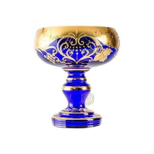 فازة بلون أزرق مع قاعدة وتذهيب ورسم كلاسيكي ذهبي | حجم وسط