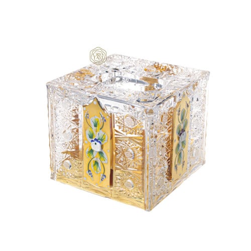 علبة مناديل مربعة مع تذهيب ورسم كريستال بوهيمي صناعة يدوية من التشيك