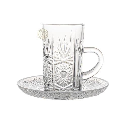 طقم استكانة “ بيالة “ شاي مع صحن ( 6x6 ) كريستال شفاف نقش كلاسيكي | صناعة تشيكية