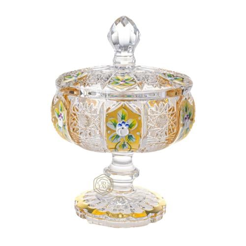 فازة كريستال بوهيمي ذهبية بقاعدة مرتفعة مع غطاء | حجم وسط