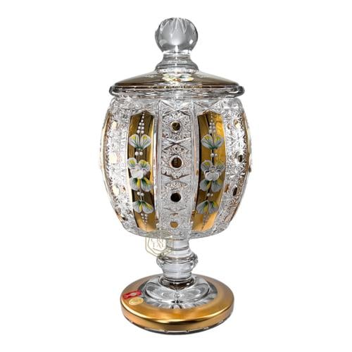 فازة كريستال بوهيمي ذهبية بقاعدة مرتفعة مع غطاء ( تصميم برميل ) | حجم وسط