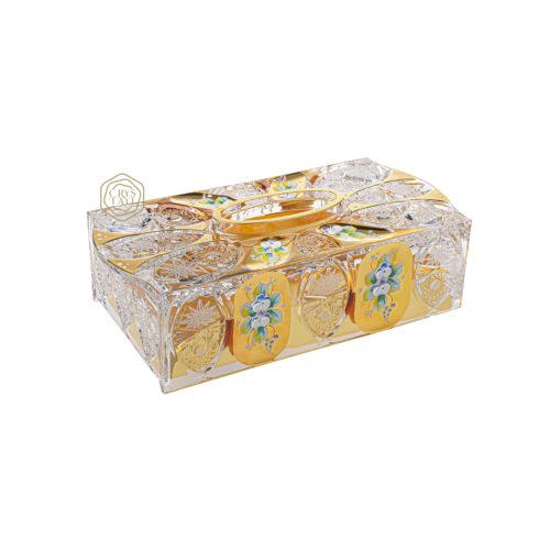 علبة مناديل مستطيلة مع تذهيب ورسم كريستال بوهيمي تصميم كلاسيكي صناعة يدوية من التشيك