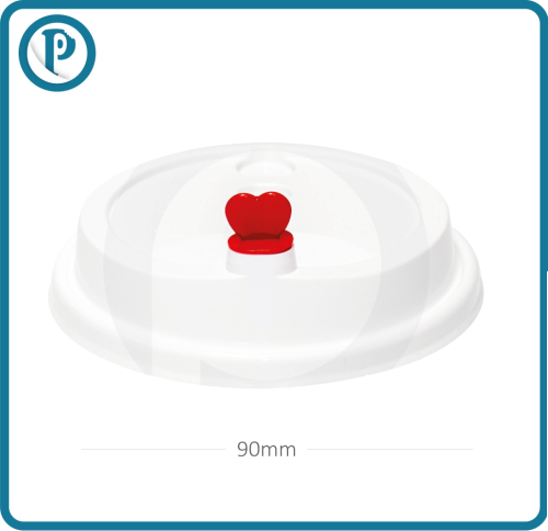 غطاء كوب 90 مم بلاستيك حراري ابيض بقلب احمر 1000 حبة