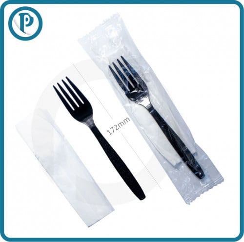 شوكة طعام بلاستيك اسود VIP بغلاف بلاستيك شفاف 500 حبة