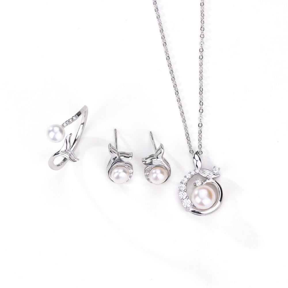 مجموعة مجوهرات حورية البحر من الفضة S925 – قلادة، أقراط، وخاتم بلؤلؤ طبيعي فاخر