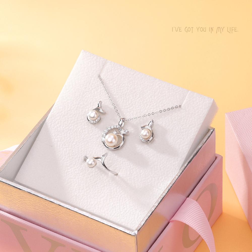 مجموعة مجوهرات حورية البحر من الفضة S925 – قلادة، أقراط، وخاتم بلؤلؤ طبيعي فاخر