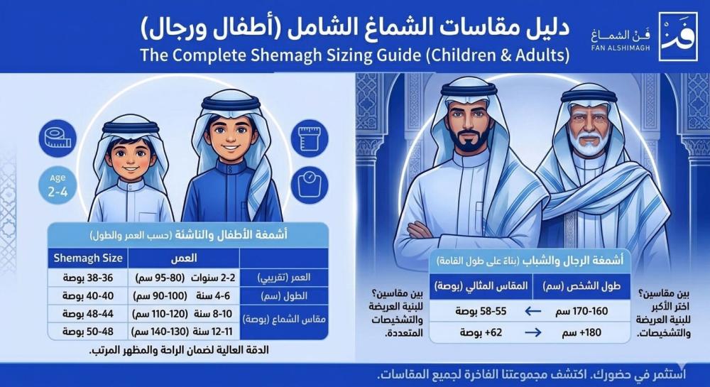 مقاسات الشماغ في السعودية: جدول دقيق لجميع المقاسات (رجال وأطفال)