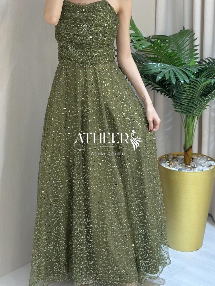 فستان سهره كلوش مطرز بالترتر لون زيتي | فستان كميليا