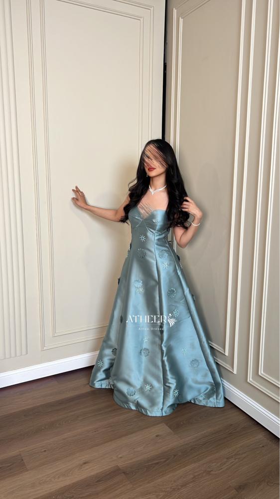 فستان سهره كلوش طويل ميكادو ازرق فاتح