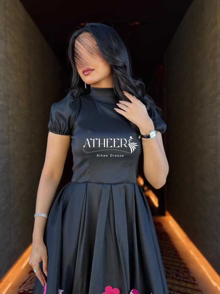 فستان سهرة قصيرة شانتون لون اسود - متجر اثير