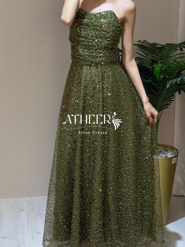 فستان سهره كلوش مطرز بالترتر لون زيتي | فستان كميليا