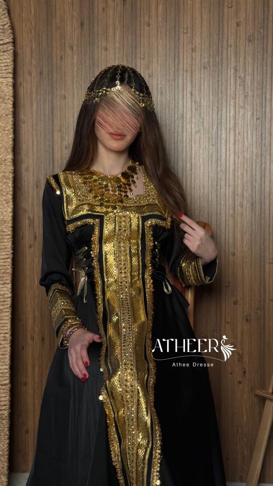 فستان أنيق حرير لون اسود وذهبي - متجر اثير