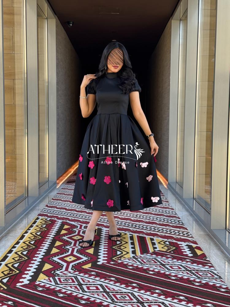 فستان سهرة قصيرة شانتون لون اسود - متجر اثير