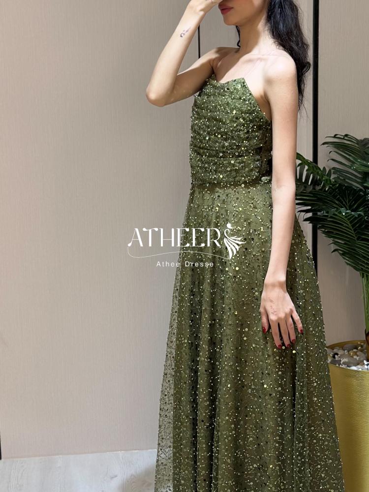 فستان سهره كلوش مطرز بالترتر لون زيتي | فستان كميليا