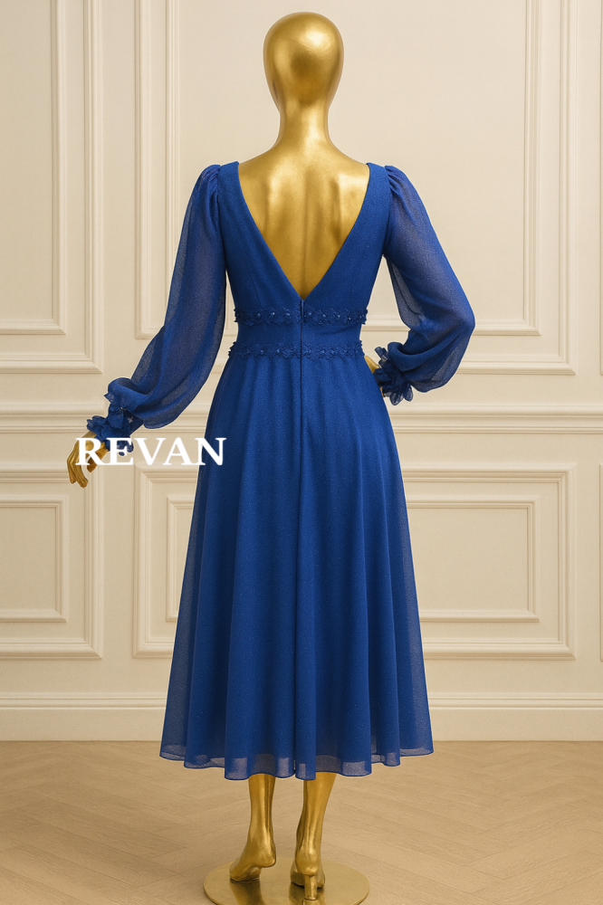 فستان ميدي شيفون بأكمام منفوخة وتطريز دانتيل من ريڤــان