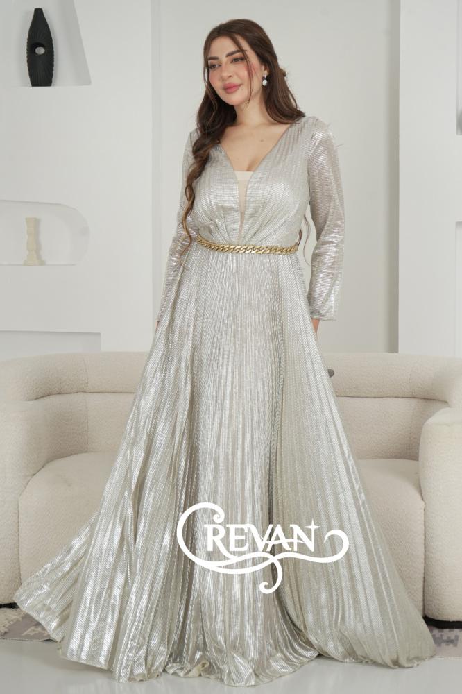 فستان فضي طلس سلسال ذهبي