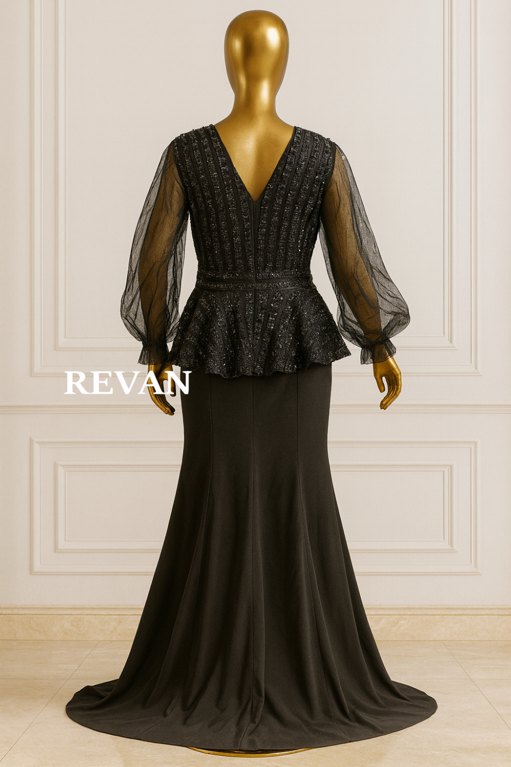 A luxurious black evening gown from Rivan, embroidered with sheer sleeves  and featuring an elegant design. -