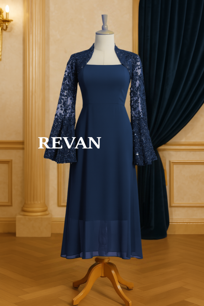 فستان سهرة ميدي فاخر من ريفان باللون الأزرق  بأكمام دانتيل واسعة