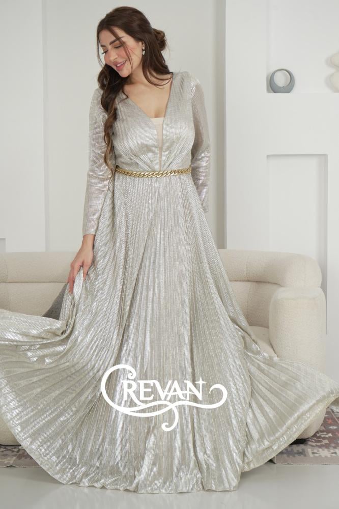 فستان فضي طلس سلسال ذهبي