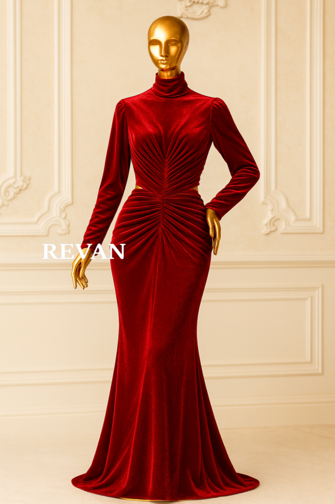 فستان سهرة فاخر من ريڤــان بتصميم مخملي راقٍ مع كشكشة جذابة