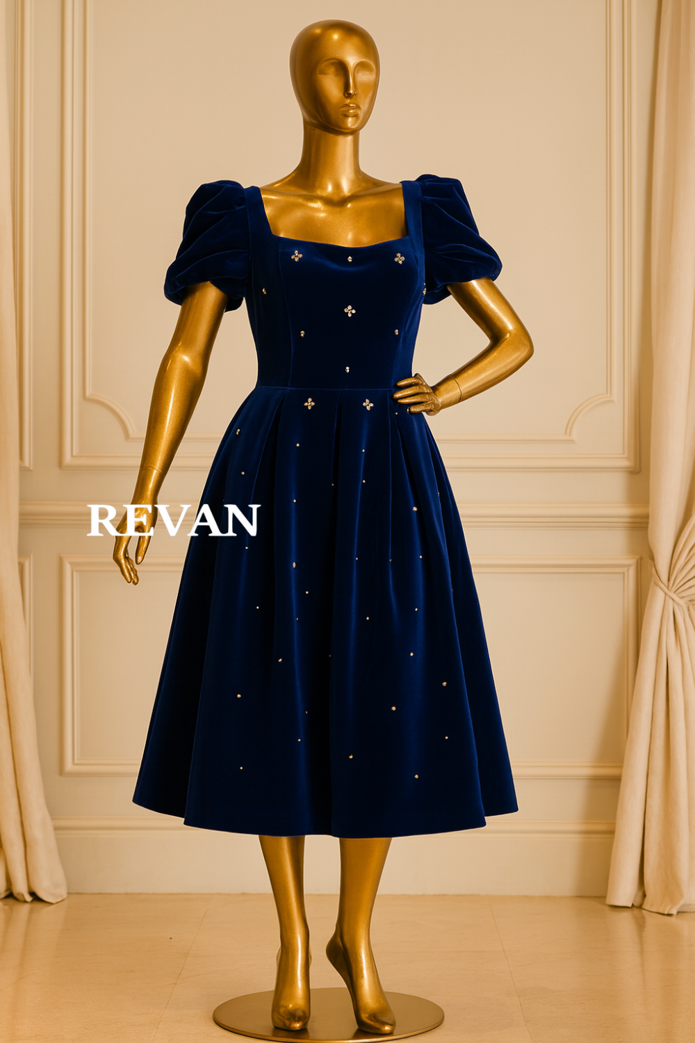 A luxurious midi dress from Rivan in royal blue velvet with embellishments.  -