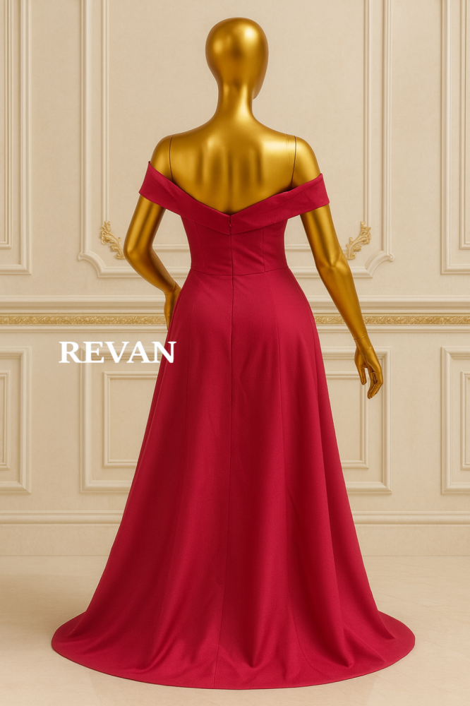 فستان سهرة أحمر  أوف شولدر بقصة ملكية أنيقة من ريڤــان